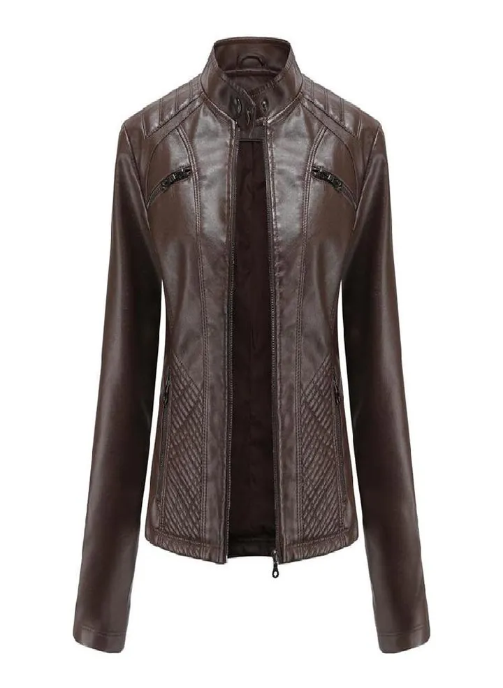 Spring and Autumn Women's Fashion Leisure Stand Collar Leather Jacket European and American Slim Fit Solid Color Jacket