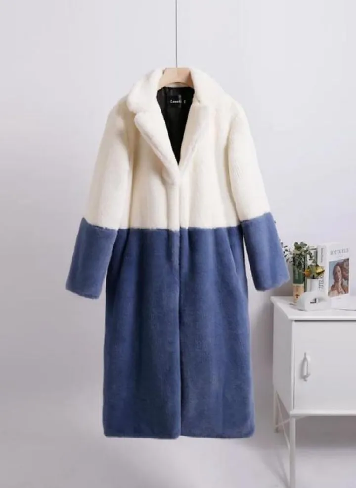Women Contrast Color Mink Faux Fur Coat Turn Down Collar Winter Fur Lady Long Coat