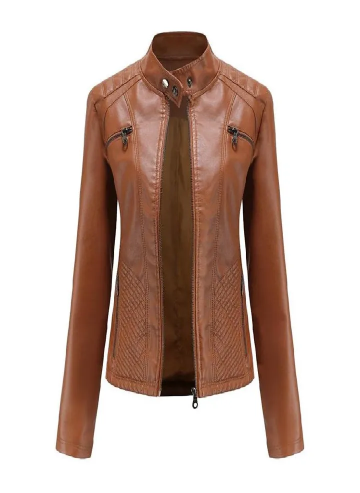 Spring and Autumn Women's Fashion Leisure Stand Collar Leather Jacket European and American Slim Fit Solid Color Jacket