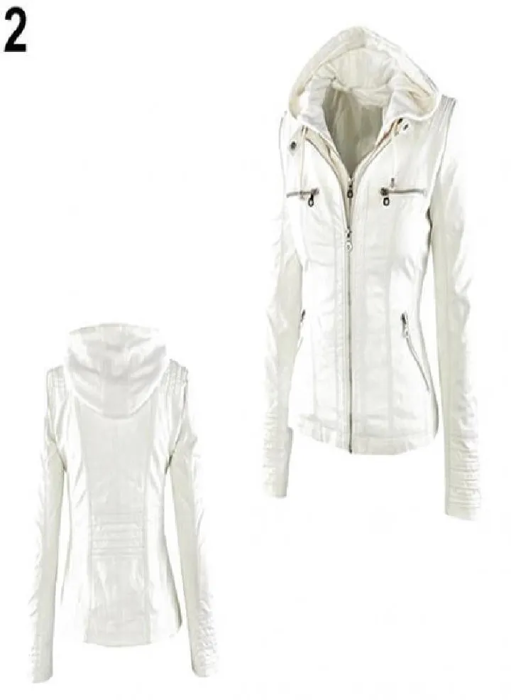 Lady Faux Leather Long Sleeve Solid Color Zipper Removable Hooded Jacket Outwear