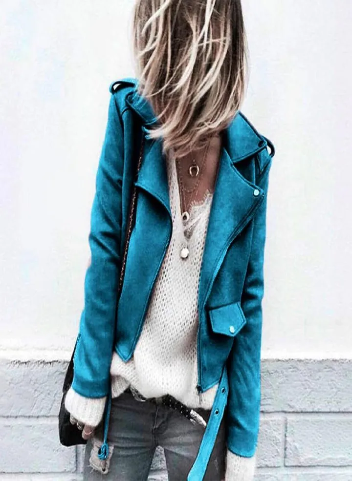 Women's Casual Autumn Faux Suede Slim Zippers Coat Short Cool Motorcycle Jacket