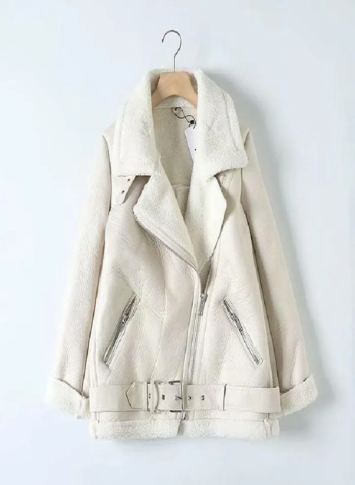 Tpirckvi Women Beige Faux Leather Jacket Coat With Belt Turn Down Collar Ladies Winter Thick Warm Oversized Coat Clothing