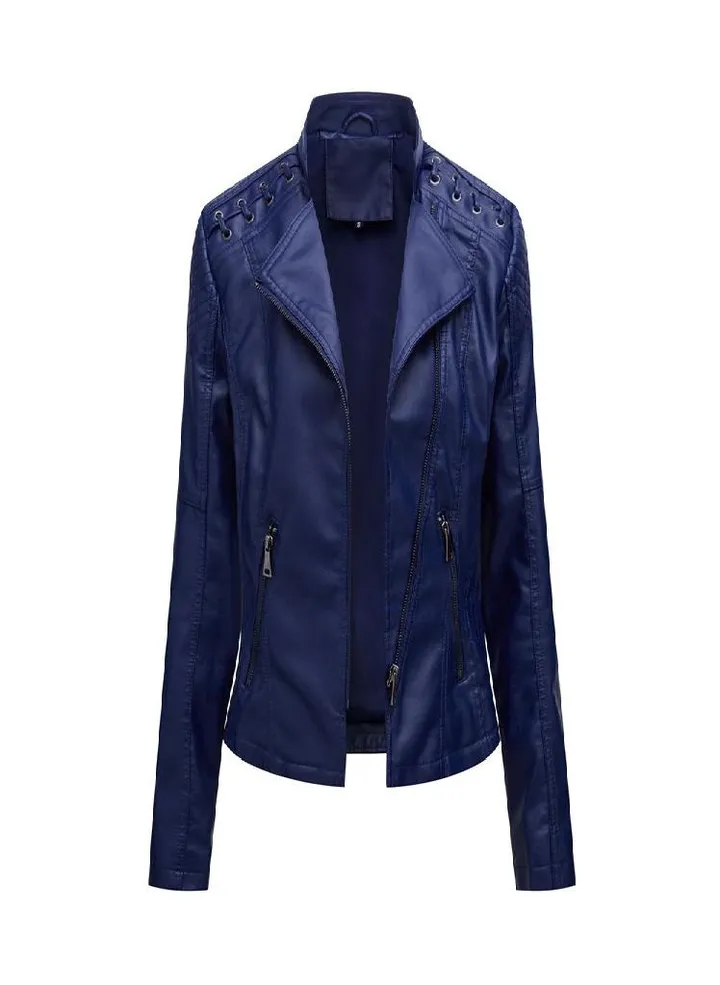 Women's Autumn and Winter Faux Leather Jacket Women's Short Jacket Lapel Slim Thin Leather Coat Women's Motorcycle Suit