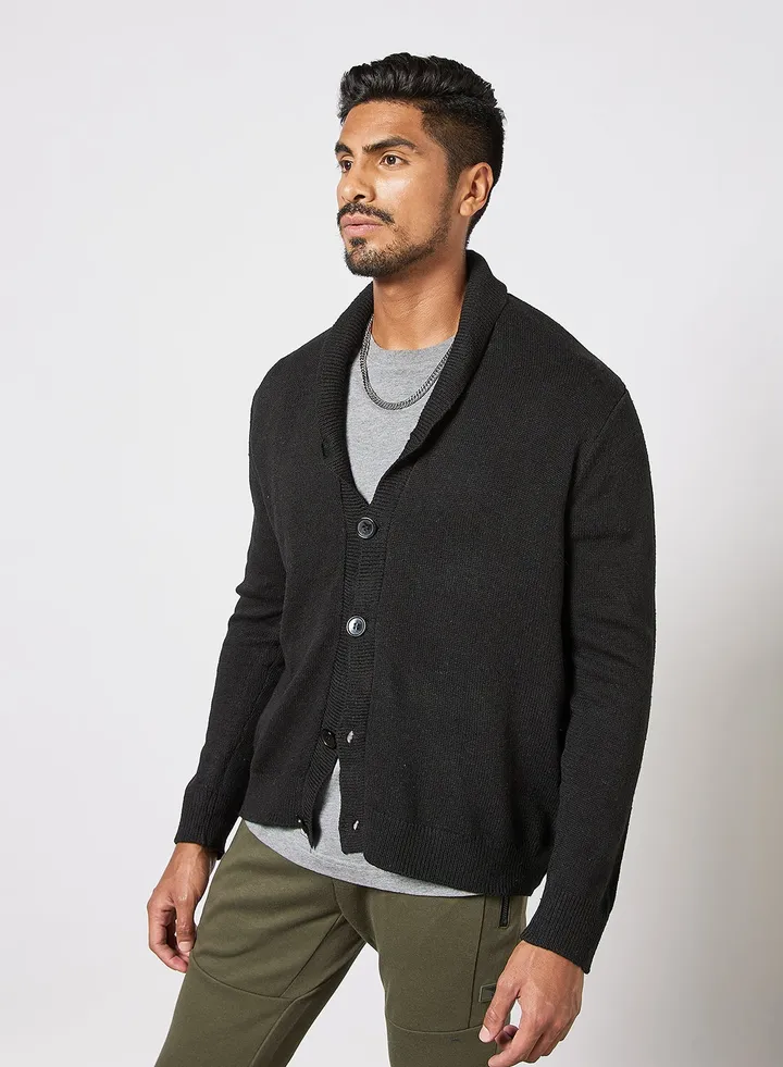 Men's Knitted Solid Button Detailed Wide Collar Full Sleeves Cardigans For Winters Black