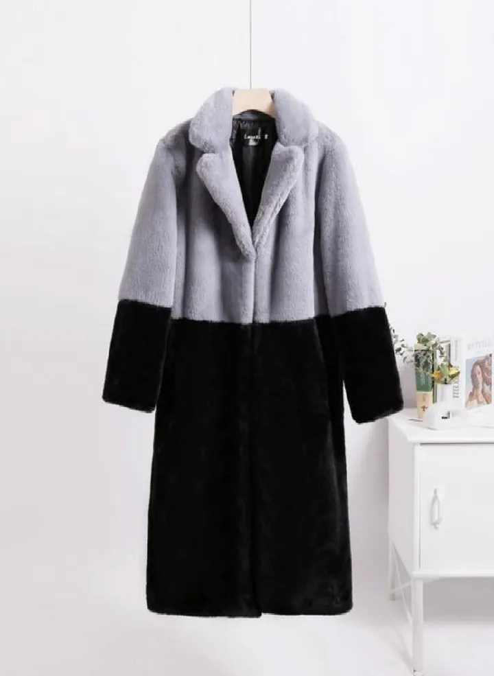 Women Contrast Color Mink Faux Fur Coat Turn Down Collar Winter Fur Lady Long Coat