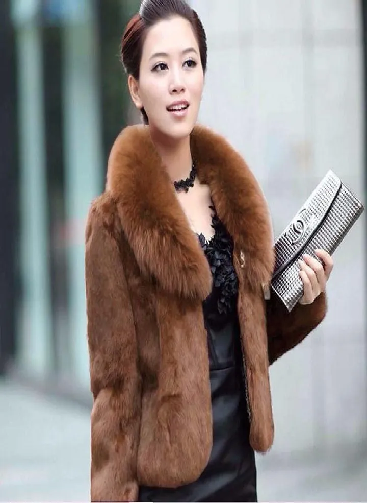 Faux Rabbit Hair Coat Women's Warm Outerwear Autumn Winter Short Faux Fox Fur Collar Coat Jacket Plus Size Overcoat