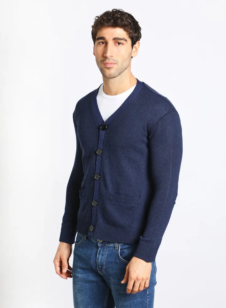 Men's Solid Button Detailed Wide Collar Full Sleeves Cardigans For Winter With Two Pocket Dark Blue