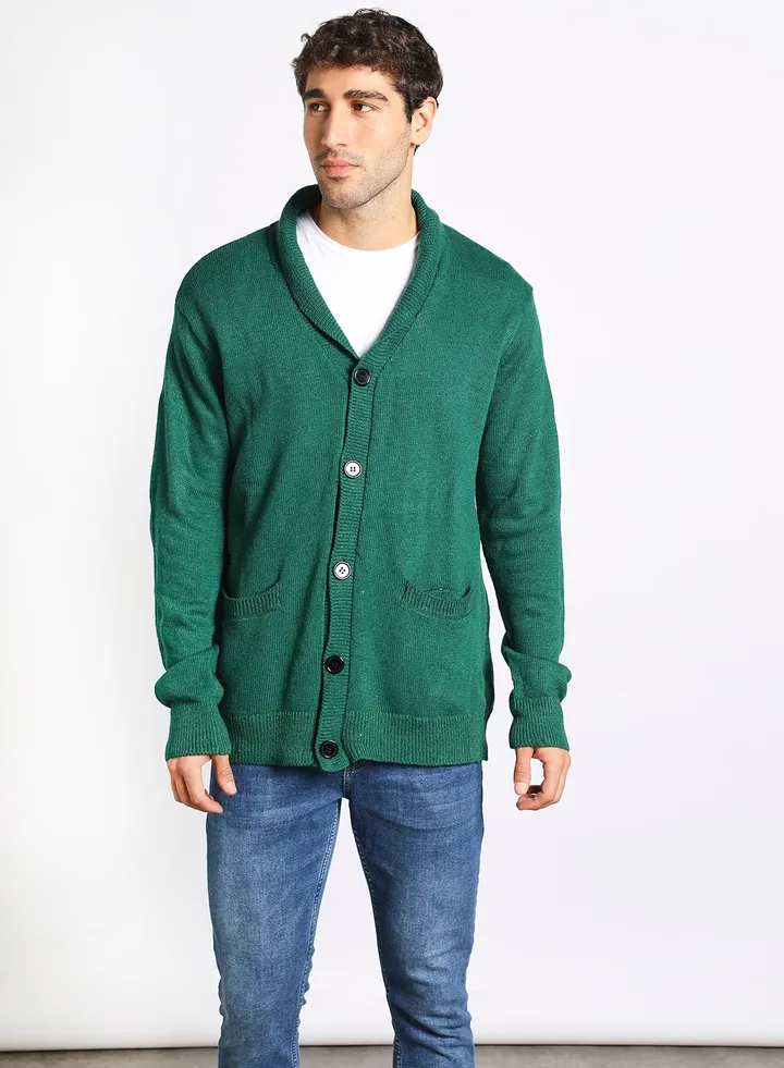 Men's Knitted Solid Button Detailed Wide Collar Full Sleeves Cardigans For Winters Dark Green