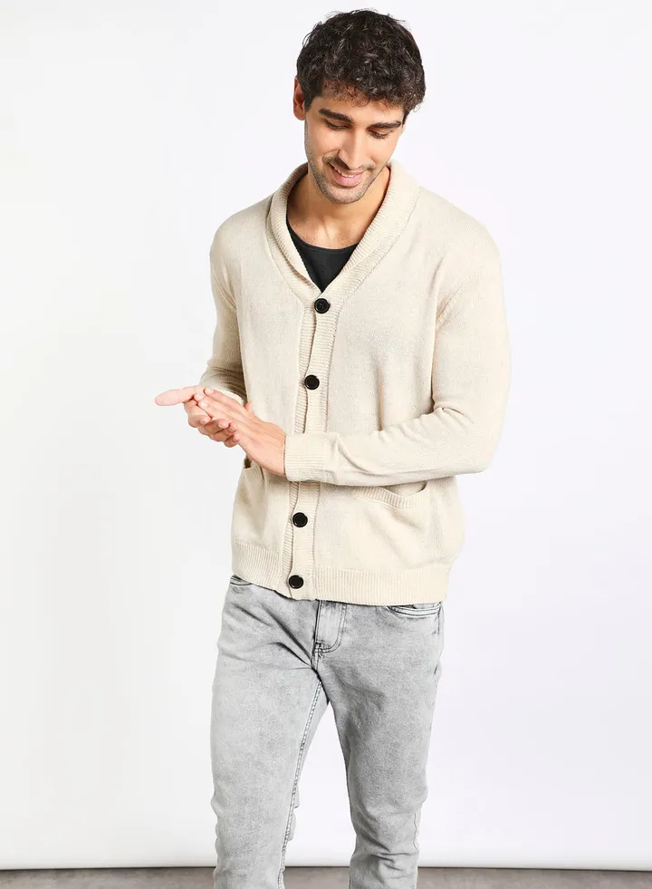 Men's Knitted Solid Button Detailed Wide Collar Full Sleeves Cardigans For Winters Beige