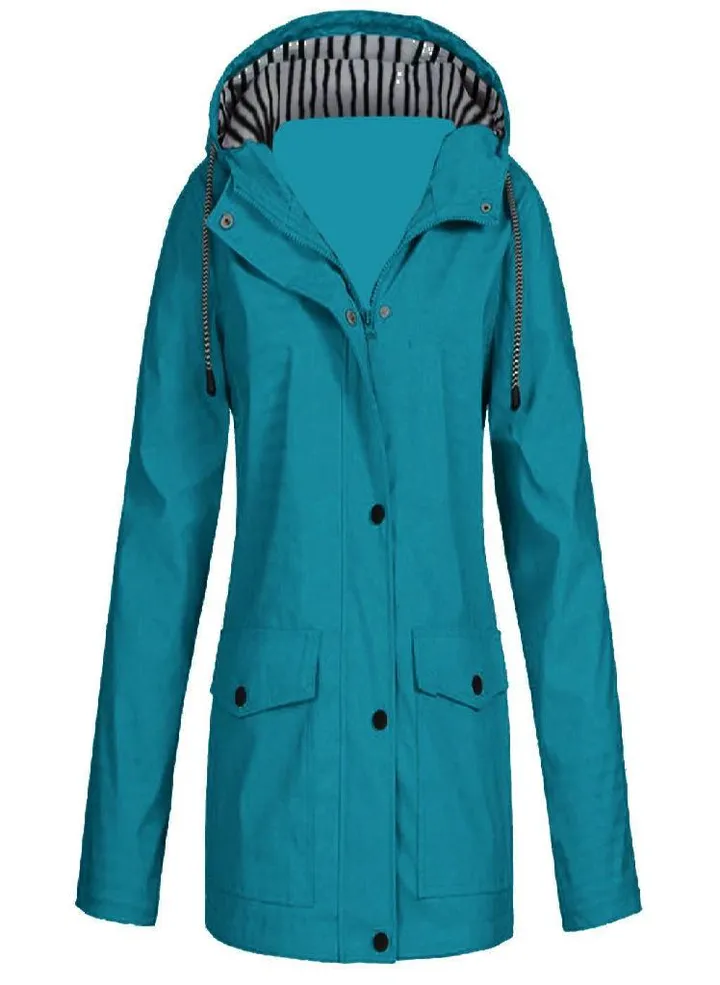 Women Solid Rain Jacket Outdoor Plus Size Waterproof Hooded Raincoat Windproof