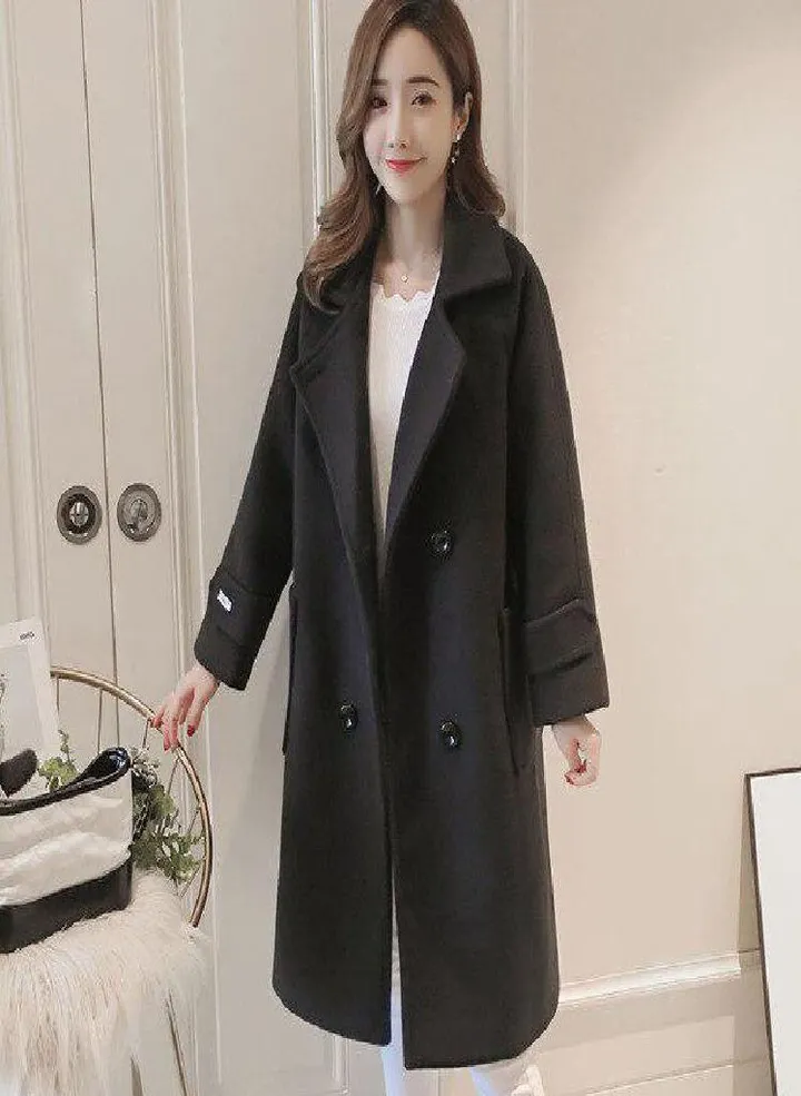 Women Korean Wool Coat Ladies Solid Casual Coats Single Breasted Turn-down Collar Jakects