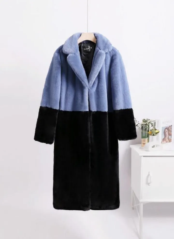 Women Contrast Color Mink Faux Fur Coat Turn Down Collar Winter Fur Lady Long Coat
