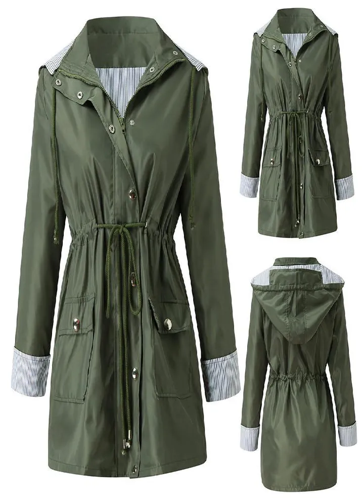 Women Solid Rain Jacket Outdoor Plus Size Waterproof Hooded Windproof Loose Coat