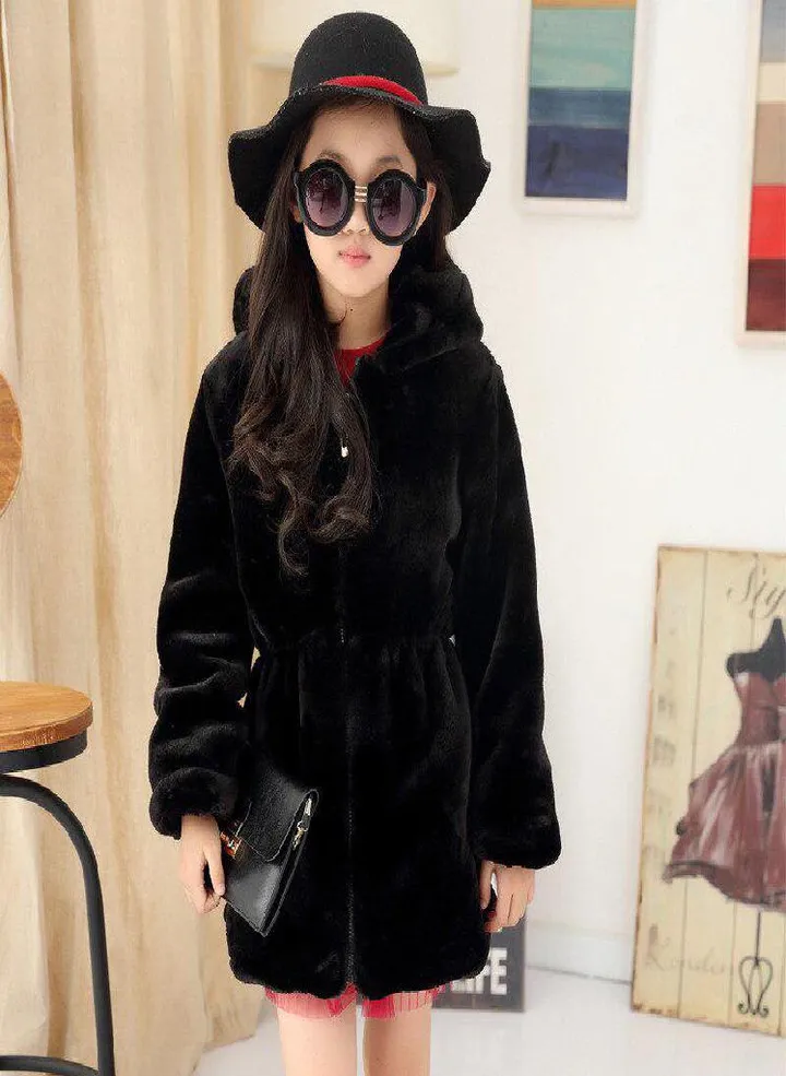 Girls Faux Fur Coat Winter Long Sleeve Hooded Warm Jacket For Kids 8-13 Year CL1043