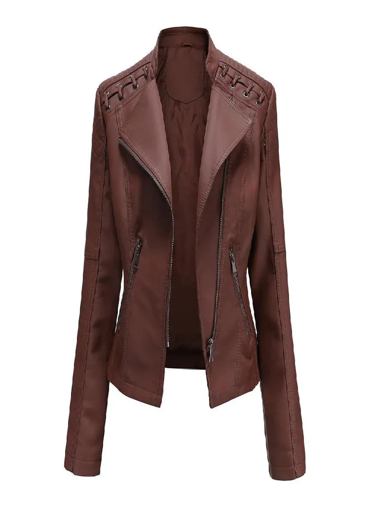 Women's Autumn and Winter Faux Leather Jacket Women's Short Jacket Lapel Slim Thin Leather Coat Women's Motorcycle Suit