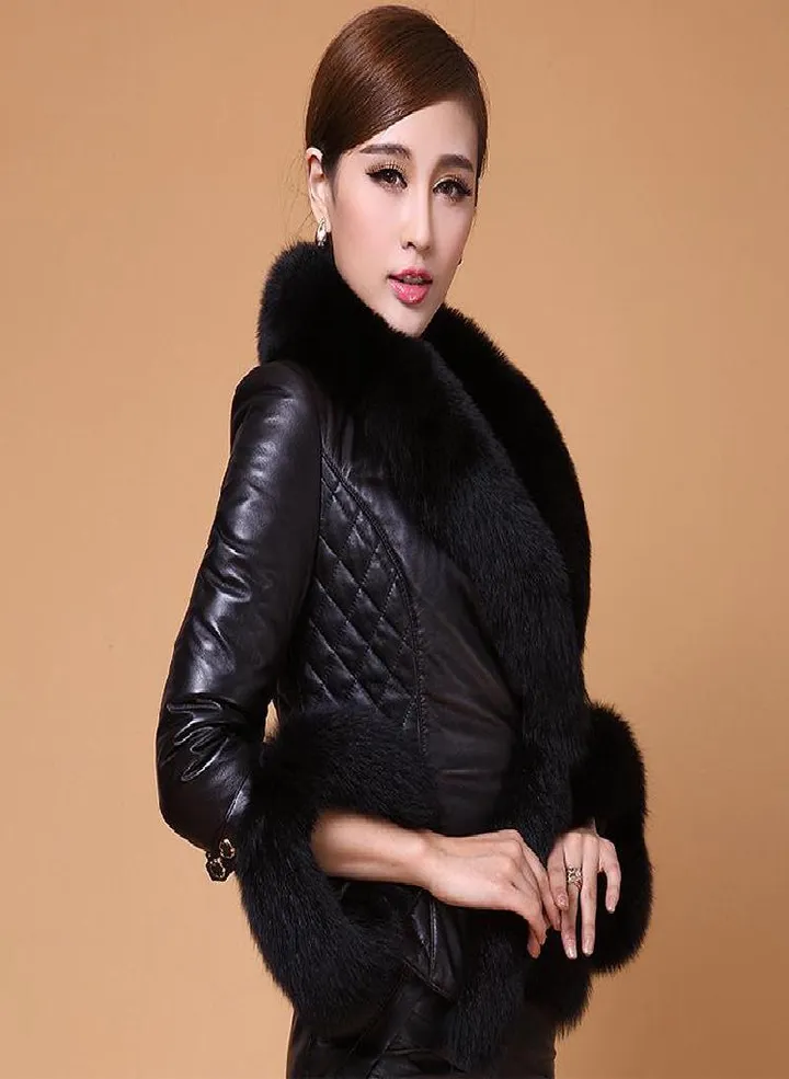 SCIONE Faux Fox Fur Collar Leather Slim PU Leather Women Plus Cotton Jacket Fashion Short Leather