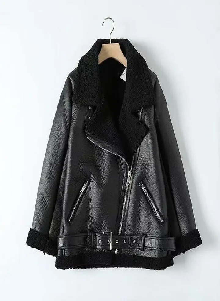 Tpirckvi Women Beige Faux Leather Jacket Coat With Belt Turn Down Collar Ladies Winter Thick Warm Oversized Coat Clothing