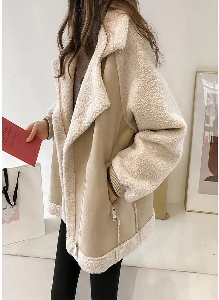 Women's Casual Comfortable Short Lambswool Biker Jacket