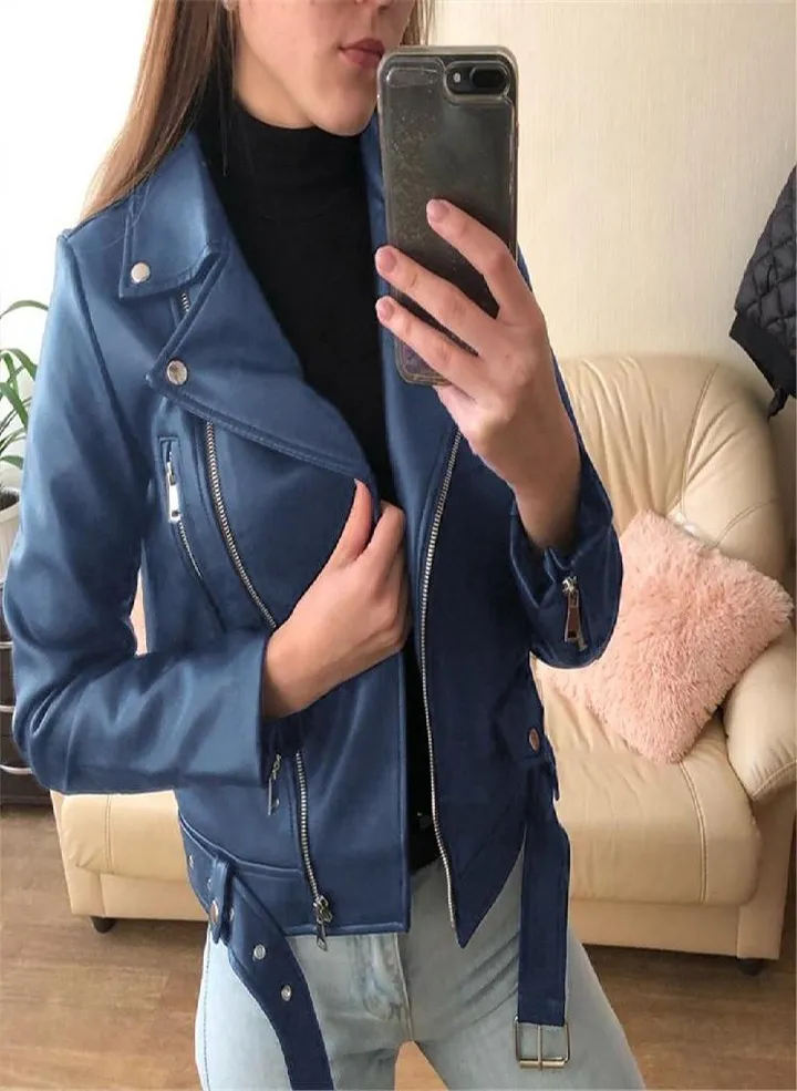 Women Cool Faux Leather Jacket Long Sleeve Zipper Fitted Coat Fall Short Jacket