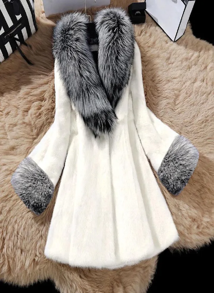 Women Long Section Of Imitation Mink Fox Coat With Cap Fur Coat