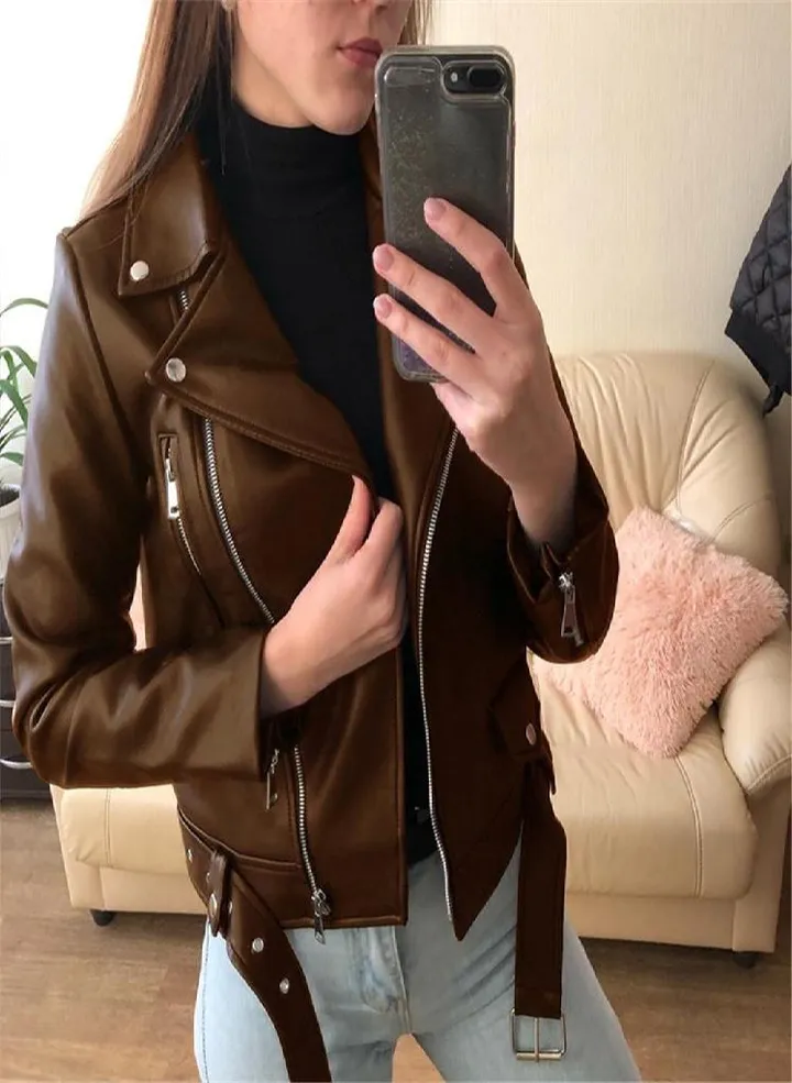 Women Cool Faux Leather Jacket Long Sleeve Zipper Fitted Coat Fall Short Jacket