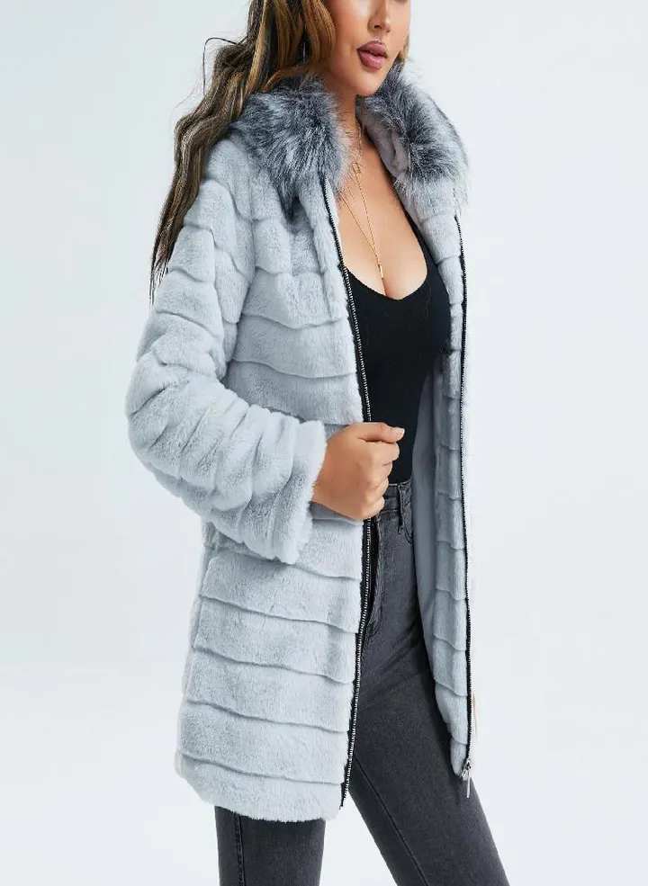 Women's Autumn And Winter Solid Color Hooded Plush Zip Coat Jacket