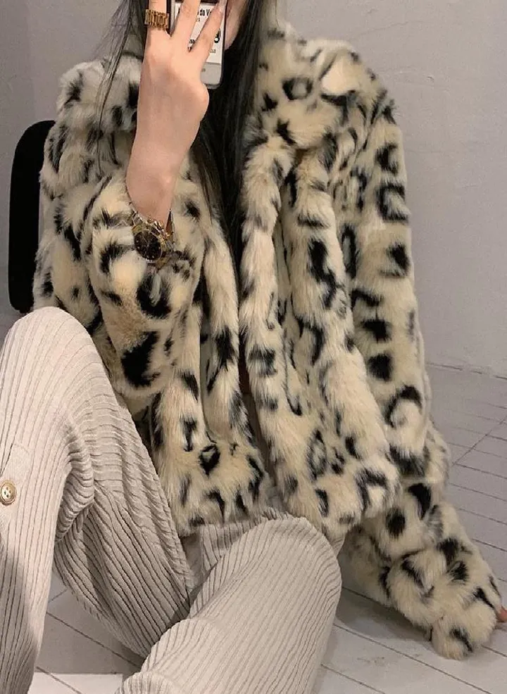 Retro Leopard Print Quilted Short Coat Women's Autumn Winter Thickening Korean Loose Top Faux Fur Coat