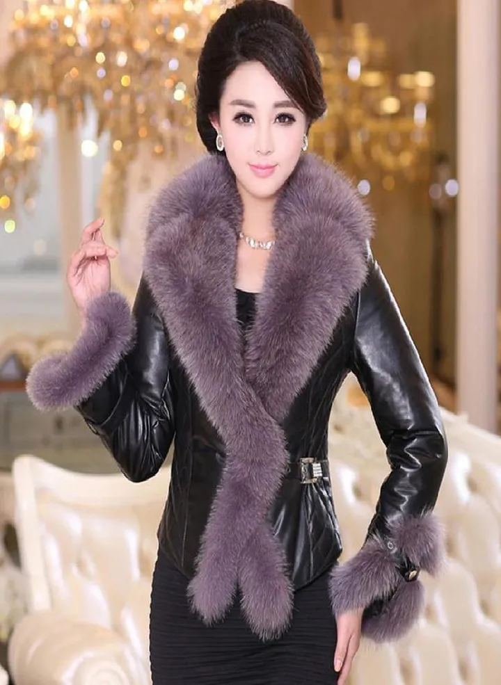 SCIONE Faux Fox Fur Collar Leather Slim PU Leather Women Plus Cotton Jacket Fashion Short Leather