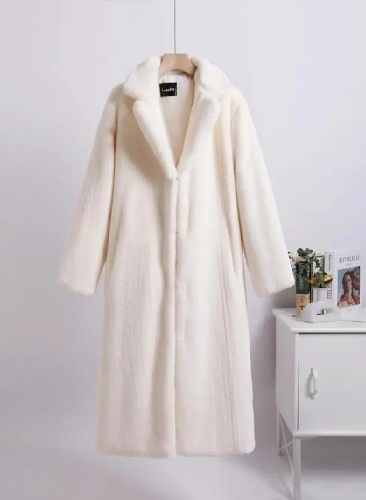 Women Contrast Color Mink Faux Fur Coat Turn Down Collar Winter Fur Lady Long Coat