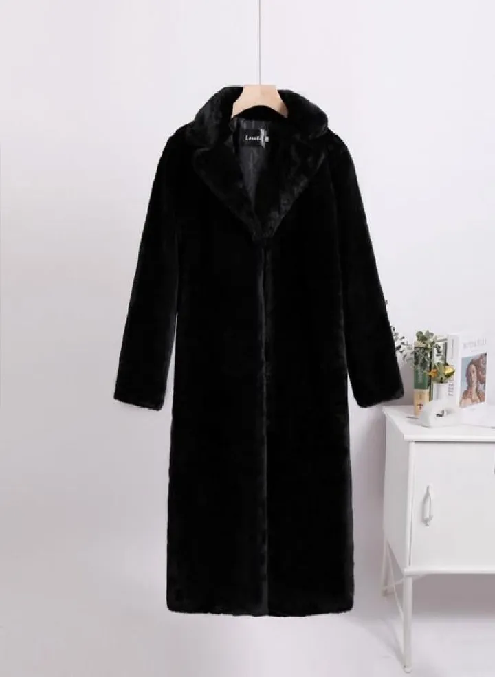 Women Contrast Color Mink Faux Fur Coat Turn Down Collar Winter Fur Lady Long Coat