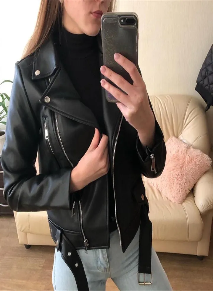 Women Cool Faux Leather Jacket Long Sleeve Zipper Fitted Coat Fall Short Jacket