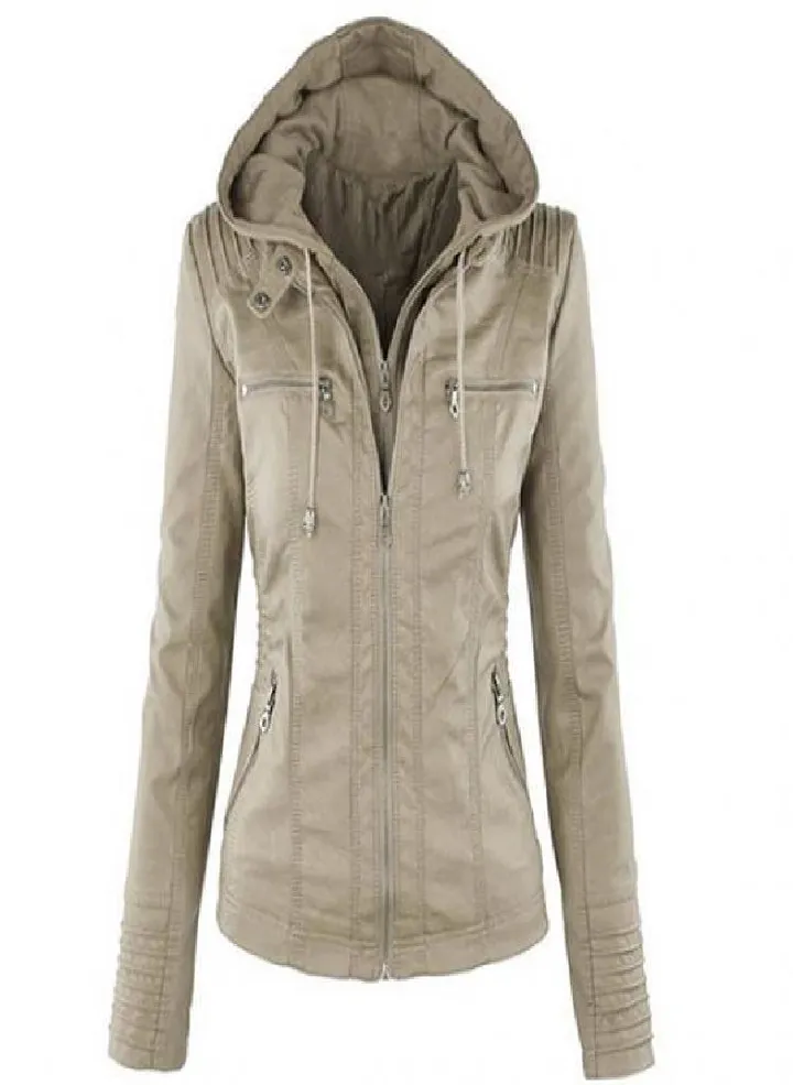 Lady Faux Leather Long Sleeve Solid Color Zipper Removable Hooded Jacket Outwear