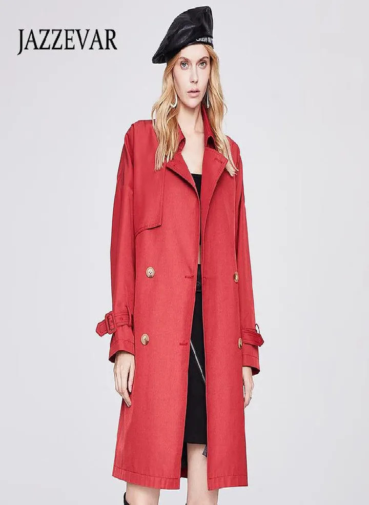 JAZZEVAR Autumn New Windbreaker Women's Double Row on Long Windbreaker Casual Coat