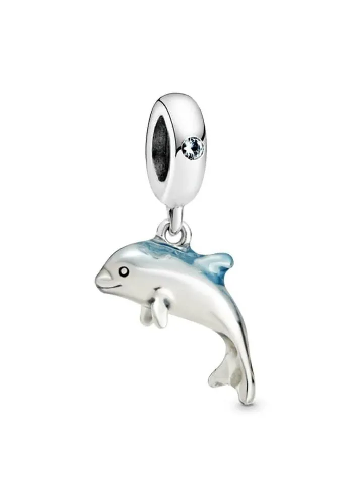 PANDORA Shiny Dolphin Navy Enamel and Green Crystal Pendant in 925 Sterling Silver