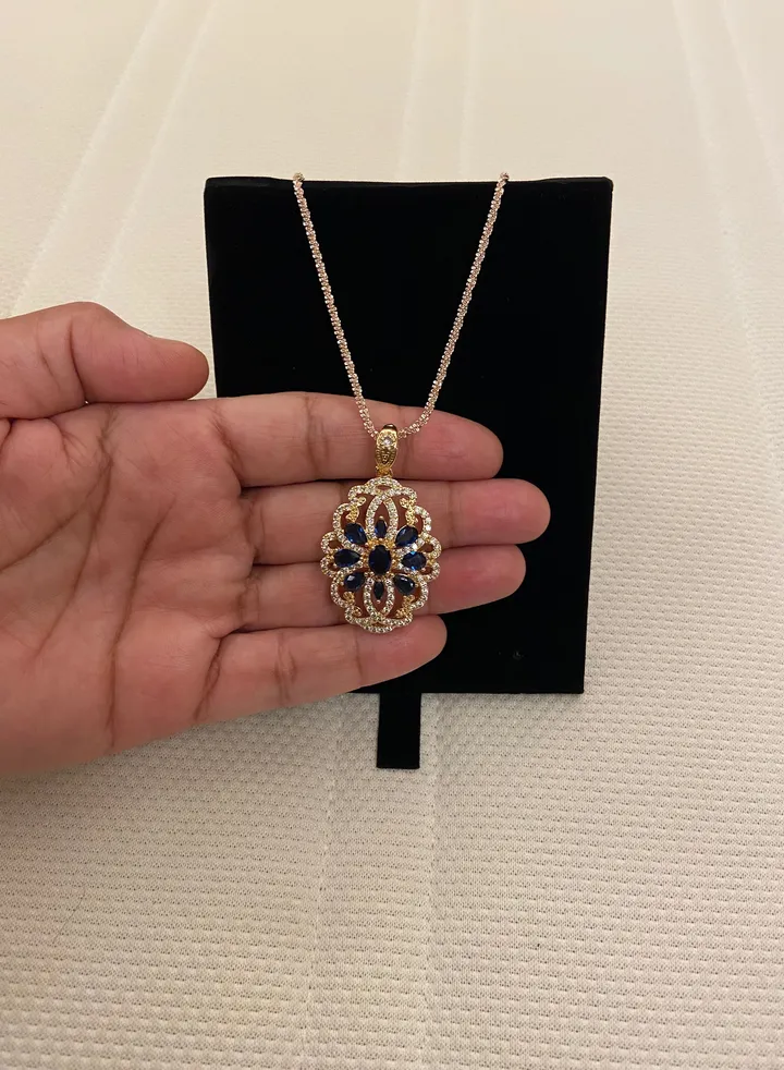 Natural Blue Sapphire Necklace Pendant Cubic Zircon 16" For Women