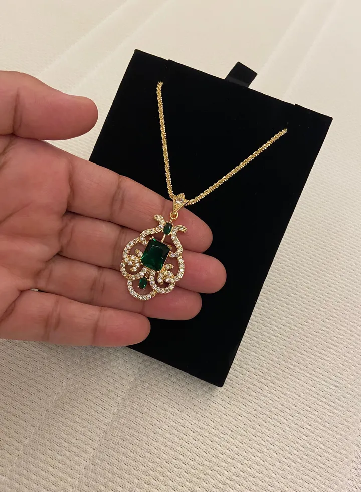 Natural Emerald Necklace Pendant Cubic Zircon 16" For Women