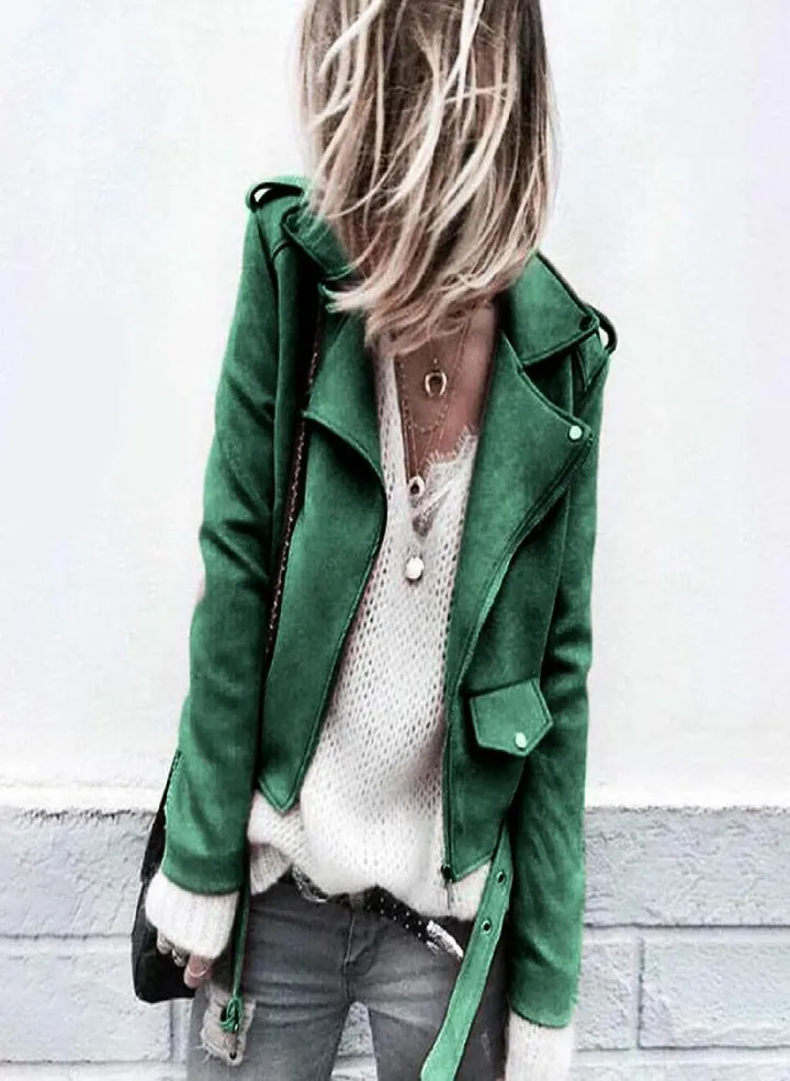 Women's Casual Autumn Faux Suede Slim Zippers Coat Short Cool Motorcycle Jacket