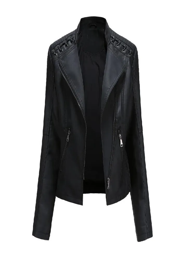 Women's Autumn and Winter Faux Leather Jacket Women's Short Jacket Lapel Slim Thin Leather Coat Women's Motorcycle Suit