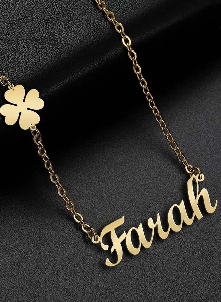Women's necklace, clover flower pendant, chain with English name pendant, 925 silver, gold plated, Farah name