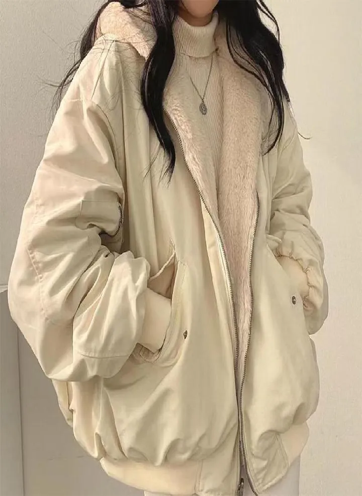 Thickened Two-sided Wear Lamb Wool Cotton Jacket Women's Coat New Loose Hooded Tops