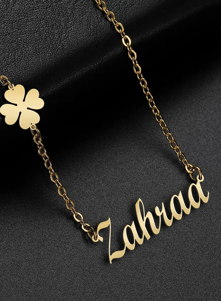 Women's necklace, clover flower pendant, chain with English name pendant, 925 silver, gold plated, Zahraa name