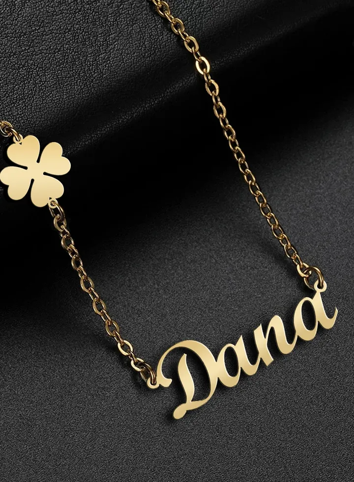 Women's necklace, clover flower pendant, chain with English name pendant, 925 silver, gold plated, Dana name