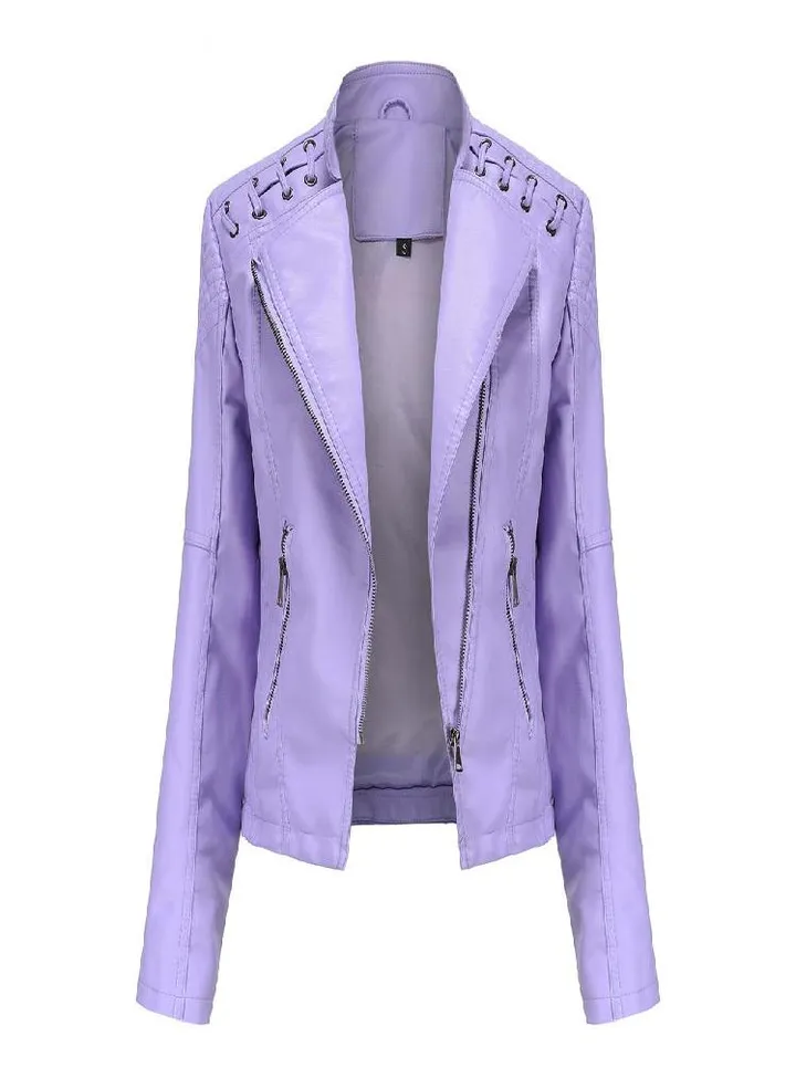Women's Autumn and Winter Faux Leather Jacket Women's Short Jacket Lapel Slim Thin Leather Coat Women's Motorcycle Suit