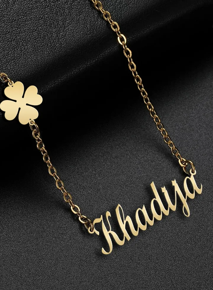 Women's necklace, clover flower pendant, chain with English name pendant, 925 silver, gold plated, Khadija name