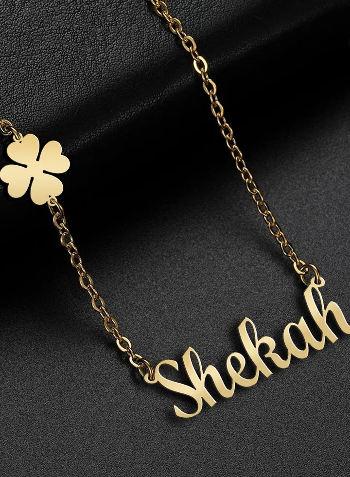 Women's necklace, clover flower pendant, chain with English name pendant, 925 silver, gold plated, Shekah name