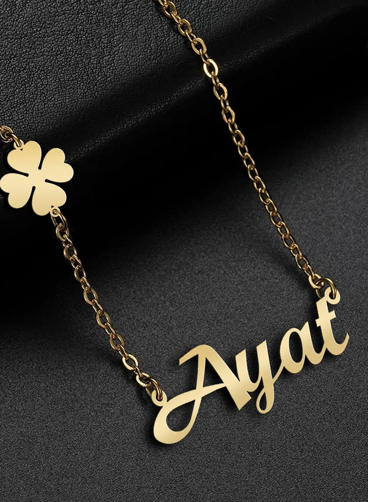 Women's necklace, clover flower pendant, chain with English name pendant, 925 silver, gold plated, Ayat name