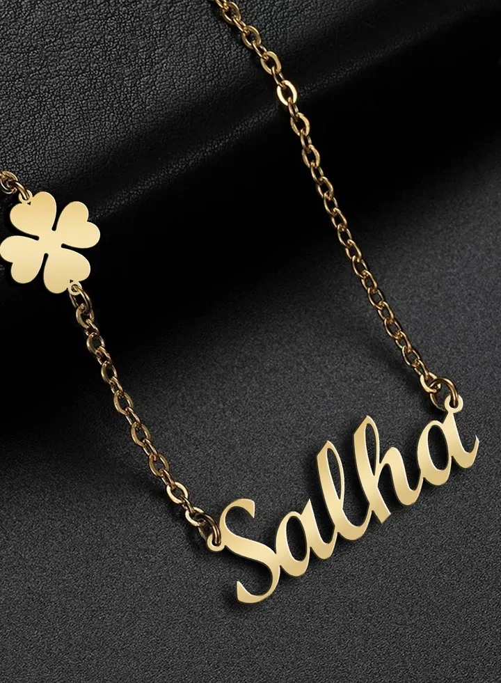 Women's necklace, clover flower pendant, chain with English name pendant, 925 silver, gold plated, Salha name