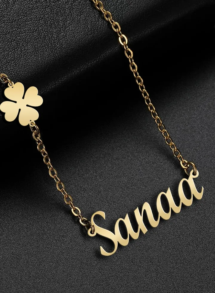 Women's necklace, clover flower pendant, chain with English name pendant, 925 silver, gold plated, Sanaa name
