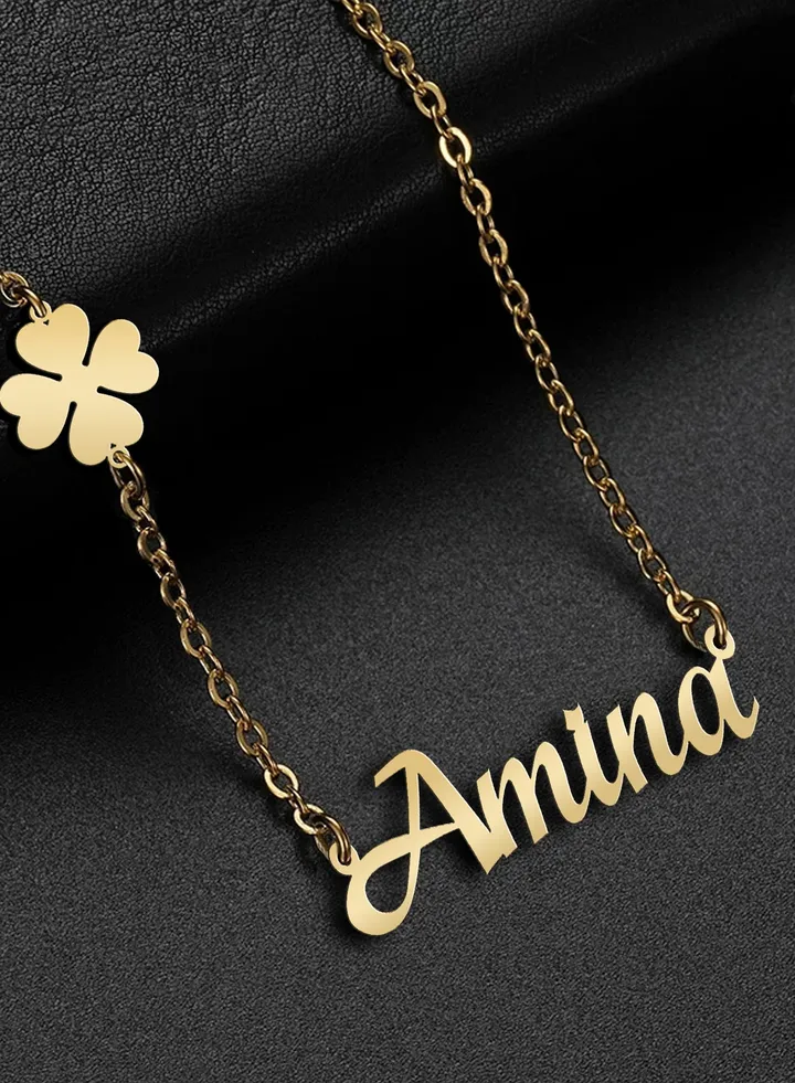 Women's necklace, clover flower pendant, chain with English name pendant, 925 silver, gold plated, Amina name