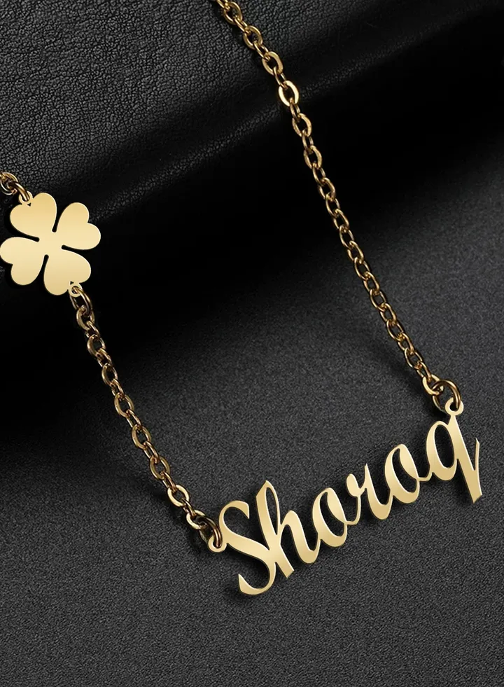 Women's necklace, clover flower pendant, chain with English name pendant, 925 silver, gold plated, Shoroq name